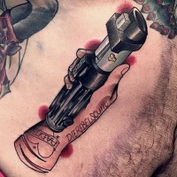 Big interesting detailed colored hand with lightsaber tattoo stylized with lettering