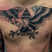 Big Masonic style mystic tattoo with eagle and pyramid on chest