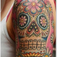 Big mexican sugar skull tattoo on half sleeve