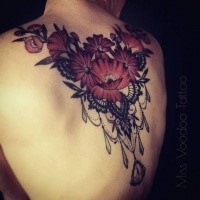 Big modern style upper back tattoo of cute flowers with jewelry