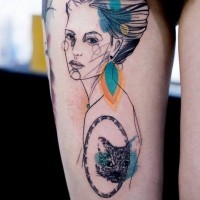 Big multicolored abstract colored woman with cat tattoo on thigh