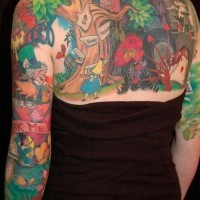 Big multicolored Alice in wonderland cartoon tattoo on sleeve and upper back