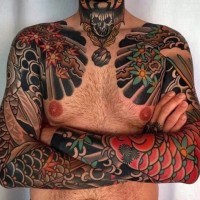 Big multicolored Asian style colored sleeve tattoos of carp fishes with flowers