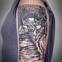 Big multicolored black ink engraving style shoulder tattoo of deer in wild life