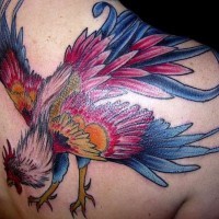 Big multicolored funny looking shoulder tattoo of cock