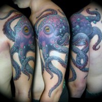 Big multicolored funny octopus on shoulder tattoo
