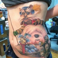 Big multicolored funny side tattoo on various fantasy animals and monsters