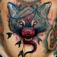 Big multicolored horrifying demonic wolf head with arrows tattoo