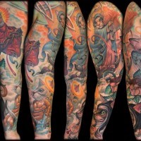 Big multicolored sleeve tattoo of various fantasy cats and human heart