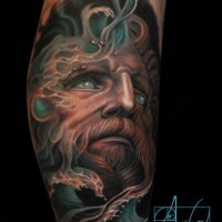 Big mystical colored fantasy wizard tattoo on leg stylized with waves