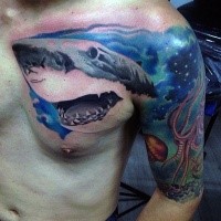 Big natural colored uppep arm and chest tattoo of underwater animals