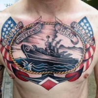 Big nautical themed multicolored tattoo with anchor, lettering and military ship on chest