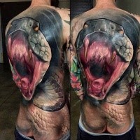 Big new school style very detailed whole back tattoo of evil snake