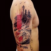 Big old colored European city with lettering and clock tattoo on shoulder