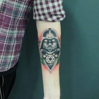 Big old school colored Vader Mask tattoo on forearm stylized with Empire emblem