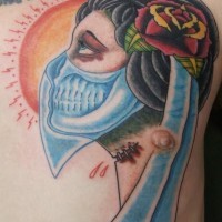 Big old school multicolored mystical woman portrait tattoo with flower in hair