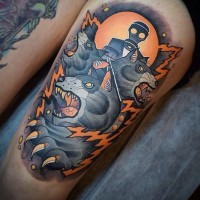 Big old school style colored mystical wolf with man in gas mask tattoo on thigh