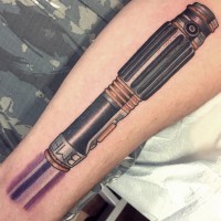 Big old school very detailed natural looking lightsaber tattoo on forearm stylized with lettering