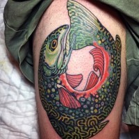 Big original colored unusual fish tattoo on thigh