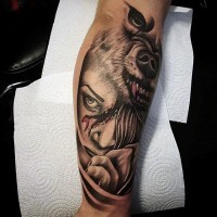 Big original combined wolf face with bloody woman portrait forearm tattoo