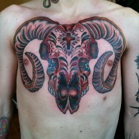 Tatuaje en el pecho, 
cráneo de ovis diabólico