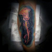 Big real photo like colorful jellyfish tattoo on leg