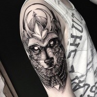 Big stippling style shoulder tattoo of Asian wolf with helmet