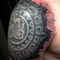 Big stonework style shoulder tattoo of ancient tablet