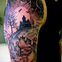Big terrifying colored mystical church tattoo on shoulder with cemetery and bats