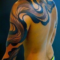 Big tribal style colored mystic ornament tattoo on sleeve and upper back