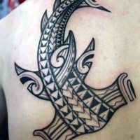 Big typical designed and colored shoulder tattoo of stunning hammerhead shark
