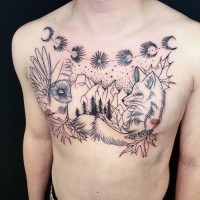 Big uncolored fox tattoo on chest combined with mountains, stars and leaves