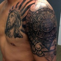 Big unique combined black ink shoulder and chest tattoo of Jesus portrait and antic Mayan tablet