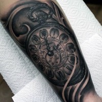 Big very detailed black and white antic clock tattoo on leg