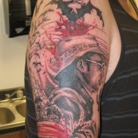 Big very detailed western cowboy in sun glasses tattoo ob shoulder with bats