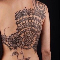 Big very detailed whole back tattoo of impressive and detailed ornaments