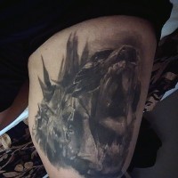 Big very realistic looking detailed roaring dinosaur tattoo on thigh