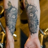 Biomechanical style colored forearm tattoo of cool looking ornament