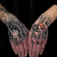 Bird and spider tattoo on hands