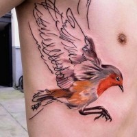 Tatuaggio colorato sul petto l'uccello che vola