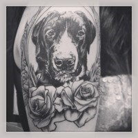 Black and gray dog with roses tattoo