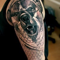 Black and gray geometric bear tattoo on half sleeve