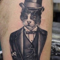 Black and gray portrait of a gentleman cat tattoo by Phatt German