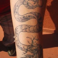 Pequeño tatuaje del árbol y una serpiente severa en color gris