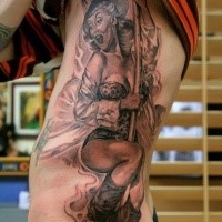 Black and gray style amazing looking side tattoo of sexy dancing woman