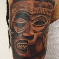 Black and gray style arm tattoo of antic stone statue