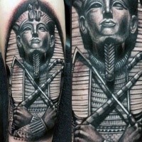 Black and gray style awesome looking arm tattoo of Egypt Pharaoh statue