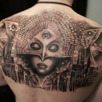 Black and gray style awesome upper back tattoo of mysterious woman with mask and city