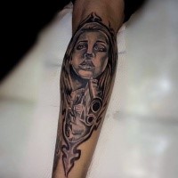 Black and gray style black ink forearm tattoo of woman with pistol