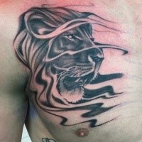 Black and gray style chest tattoo of cartoon lion head
